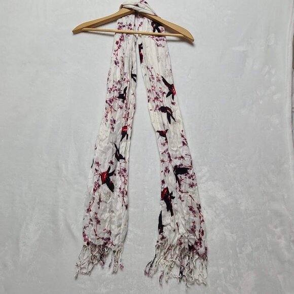 Womens Scarf Shawl Wrap White Floral with Red Black Birds Tassels Rayon - Picture 2 of 10